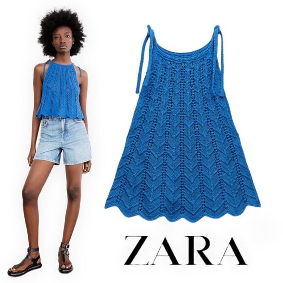 ZARA | Blue | OPENWORK KNIT TOP - Picture 1 of 12